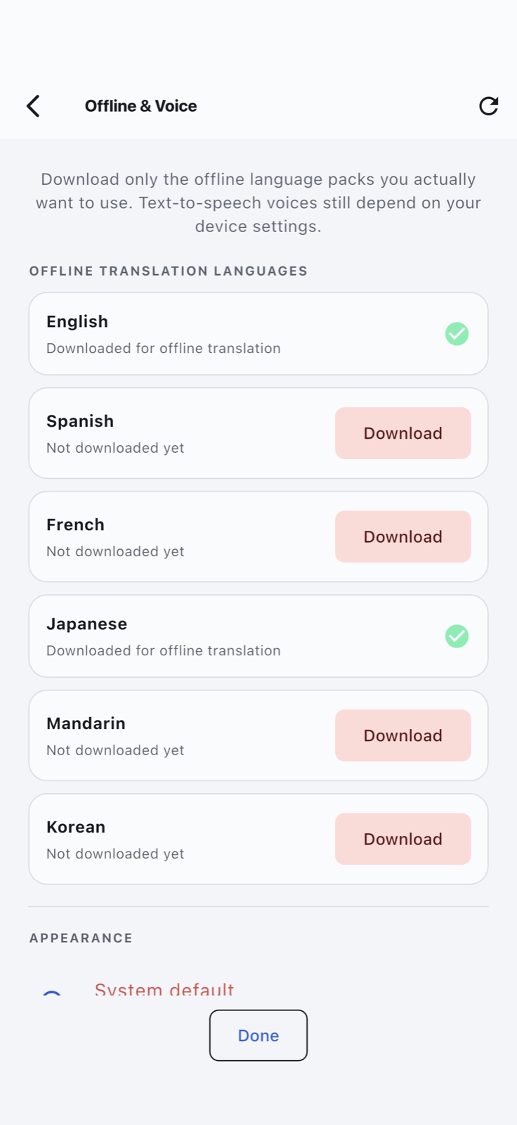 Offline language packs in JumboChat settings, English and Japanese downloaded